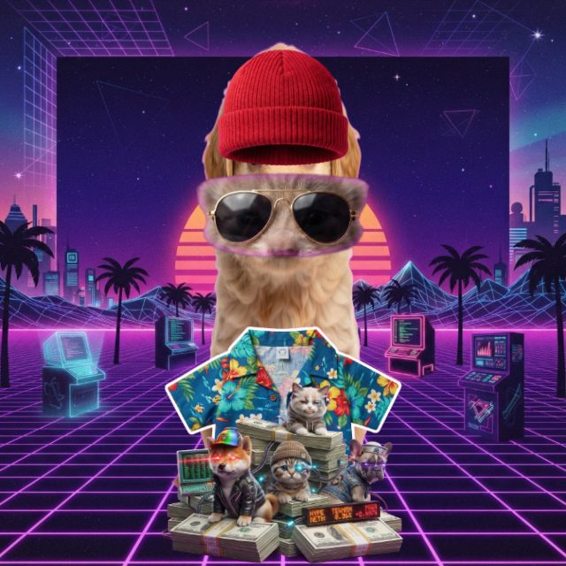 Golden Pupcat dog in a red beanie and aviator sunglasses trading on a neon purple synthwave grid