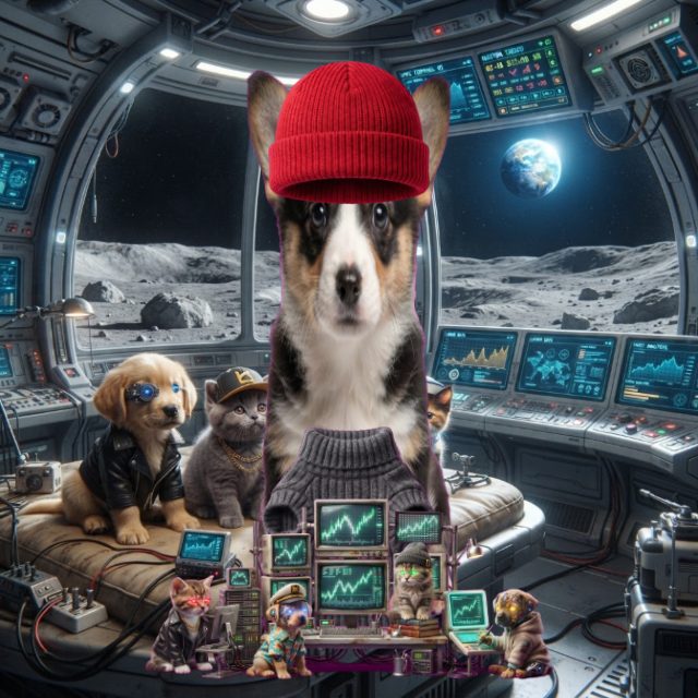 Corgi Pupcat in a red beanie reading charts inside a lunar spacecraft cockpit with Earth outside