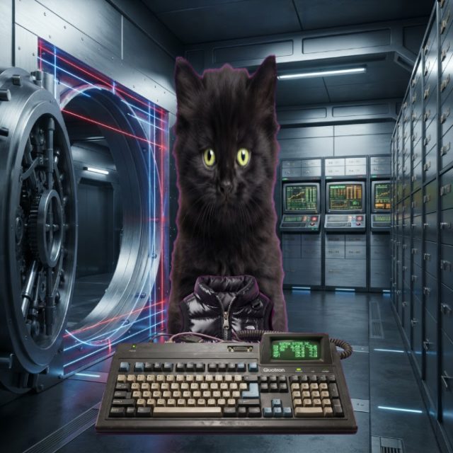 Black Pupcat cat in a futuristic vault server room behind a vintage Quotron-style trading terminal