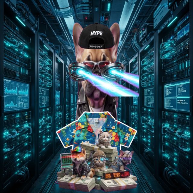 Pupcat dog in a HYPE cap firing laser beams down a blue-lit server corridor