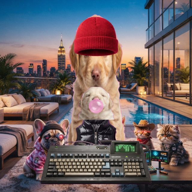 Beanie-wearing Pupcat dog on a luxury rooftop pool deck above a city skyline with a trading terminal