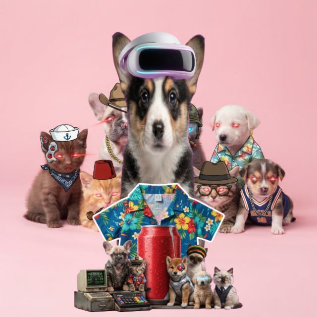 Corgi Pupcat in a VR headset leading a colorful crew of puppies and kittens on a pink background