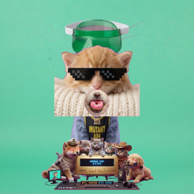 Orange Pupcat kitten in a green visor and pixel sunglasses approving a hardware wallet transaction